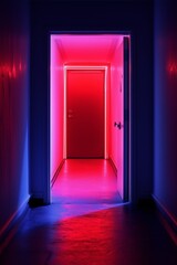 Fototapeta premium A door at the end of a hallway lit with pink and blue neon lights