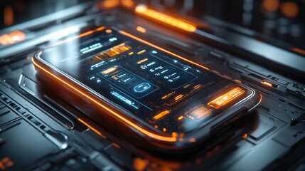 Futuristic smartphone on a tech-inspired surface with glowing elements.