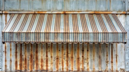 A weathered striped awning extends above a corrugated metal wall, the rusted patina adding character to the otherwise simple facade.