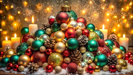 Fototapeta premium A Festive Arrangement of Sparkling Baubles, Pinecones, and Candles in a Warm and Cozy Setting