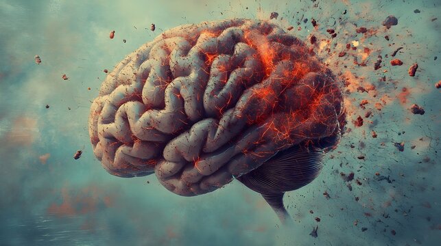 A brain crumbling at the edges, dissolving into a chaotic spiral of fading neurons, symbolizing mental health degradation over time