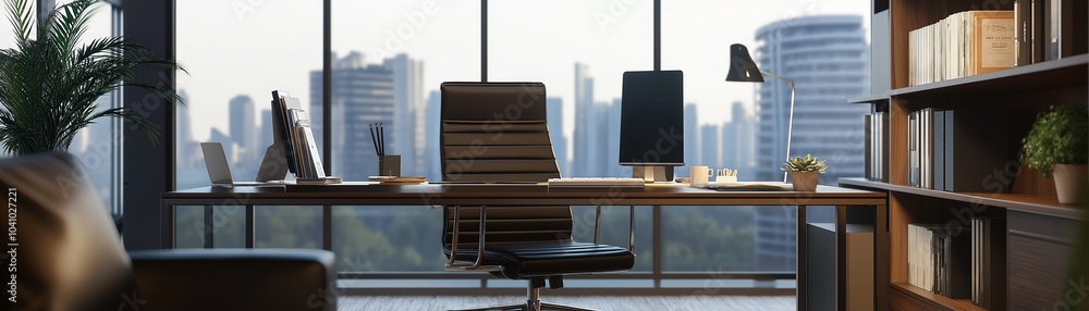 Poster a modern workspace with a computer monitor on a white desk.