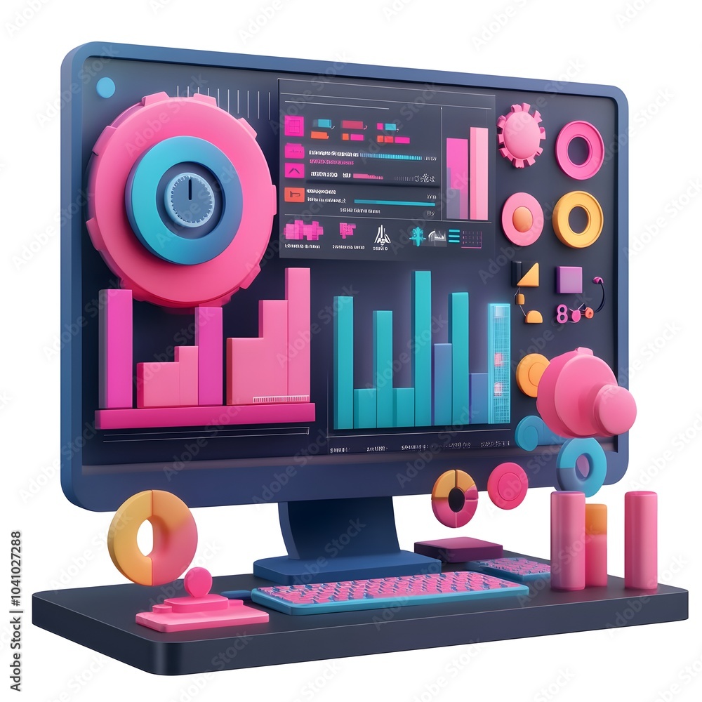 Poster colorful 3d computer with charts and data visualization