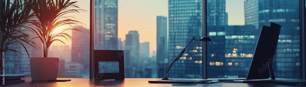 Poster a modern workspace with a computer monitor on a white desk.