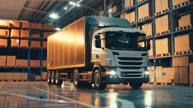 The truck is in a warehouse filled with boxes