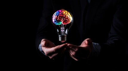 Brain Power and Innovation: A Man Holds a Lightbulb with a Colorful Brain Inside