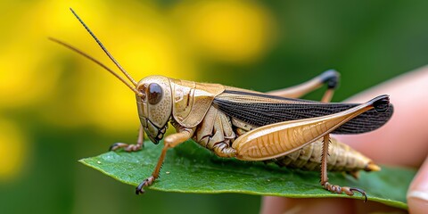 Fototapeta premium Macro Photography of Grasshopper on Leaf with Green and Yellow Background