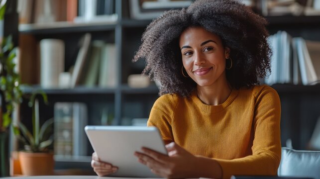 Businesswoman on Video Call: A professional woman sits at her desk, engaged in a video call on her tablet, showcasing a dynamic and modern approach to communication. The image captures her enthusiasm
