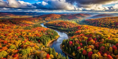 Serene River Winding Through a Vibrant Autumnal Forest, Bathed in the Warm Glow of a Setting Sun