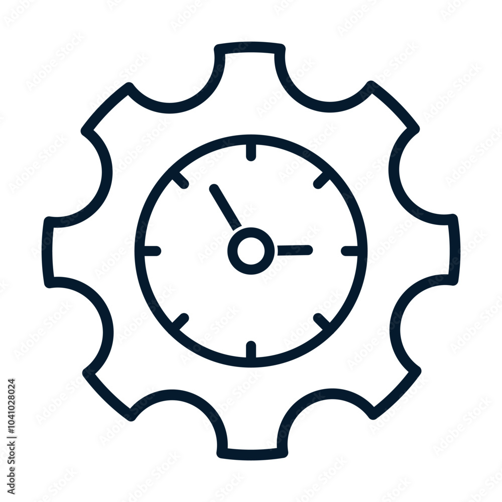 Poster gear, clock. concept development time, workflow. vector linear icon isolated on white background.
