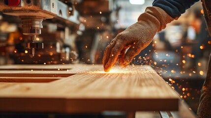 Carpenter worker using CNC Wood cutting machine in woodworking company.