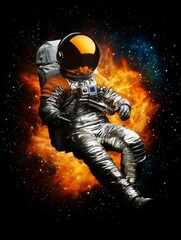 Astronaut in space suit, floating in cosmic background with colorful nebula.