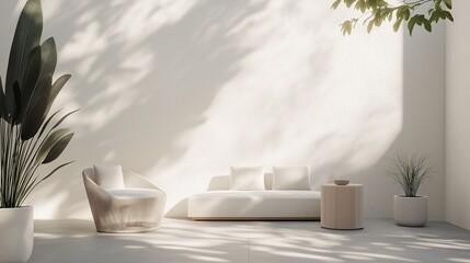 A modern and spacious living room with a minimalist design.