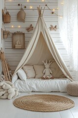 White cozy children room interior background, wall mockup, 3D render, Generative AI