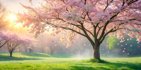 Naklejka premium A single cherry blossom tree stands in a lush green meadow, its delicate pink petals falling like a gentle rain, bathed in the golden glow of the morning sun.