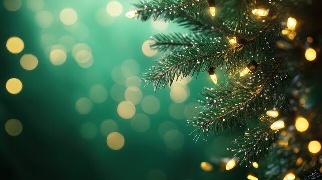 Christmas tree branch with garland in front of green background.