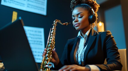 Naklejka premium A musician playing the saxophone while listening to music on headphones, creating a focused atmosphere.