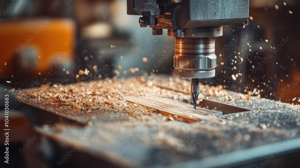 Poster close-up shot of machine with numerical control cuts wood. cnc tool.