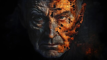 Portrait of an aged man, fragmented face made of puzzle pieces, representing fading identity, chiaroscuro lighting, digital art, dark tones, steampunk aesthetics, surreal realism