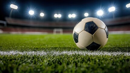 Fototapeta premium A close-up of a soccer ball on a vibrant green field during a night match.