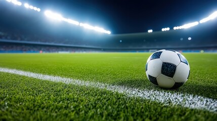 Obraz premium A close-up of a soccer ball resting on a well-maintained grass field at night.