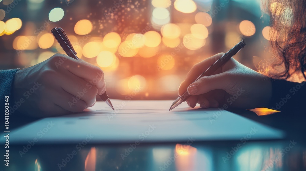 Poster close-up view of two hands signing a contract in an ambient light setting, symbolizing agreement and