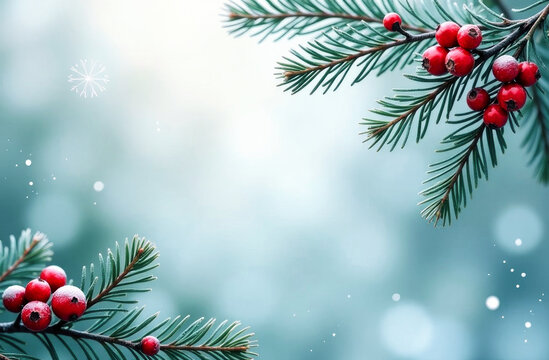 Christmas and New Year card featuring green pine branches with red berries, covered in frost