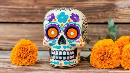 Traditional Mexican Sugar Skull with Marigold Flowers on Wooden Background