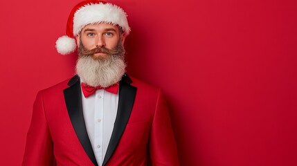 Naklejka premium Stylish Man in Santa Hat and Red Suit on Red Background