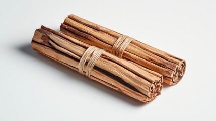 Close-up of two cinnamon sticks, rough brown bark with smooth edges, placed on a pure white surface, minimal and natural, soft shadows for depth
