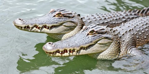 Two Crocodiles Surface in Siem Reap River  Cambodia