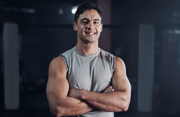 Gym, fitness and confident portrait of man with smile, pride and commitment to body workout....