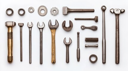 Tools scattered in a precise, artistic arrangement, viewed from above on a white background, clean metallic textures and sharp lines in contrast