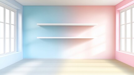 Obraz premium Bright and minimalist interior with pastel colored walls and empty shelves.