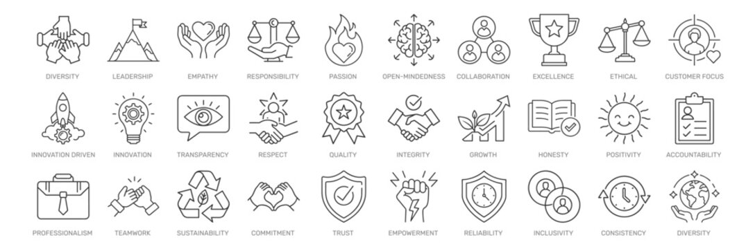 Core values line icon set. Vector pictograms of principles, business ethics, teamwork, leadership, diversity, integrity, trust, innovation, sustainability thin linear illustration.