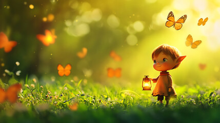 cute little elf holding tiny lantern is exploring magical forest filled with butterflies. enchanting scene captures joy and wonder of nature