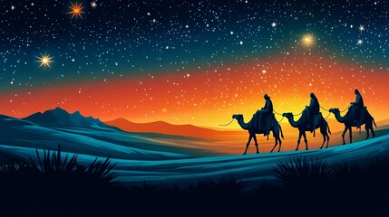 Fototapeta premium Three Wise Men Journey: A breathtaking, artistic interpretation of the biblical story of the Three Wise Men, their camels silhouetted against a vibrant, star-filled desert night sky.