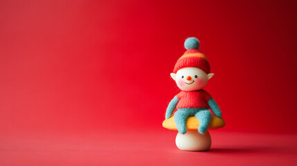 Fototapeta premium whimsical cute little elf wearing colorful outfit sits on mushroom against vibrant red background, radiating joy and charm