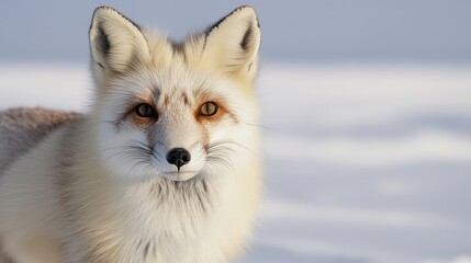 Fototapeta premium A close-up of a white fox in a snowy landscape, showcasing its striking features and warm-colored eyes against a pale backdrop.