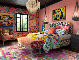 Eclectic Bedroom with Bold Patterns and Mismatched Decor