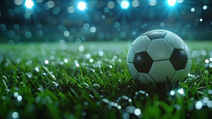 Fototapeta premium Soccer Ball on a Wet Grass Field