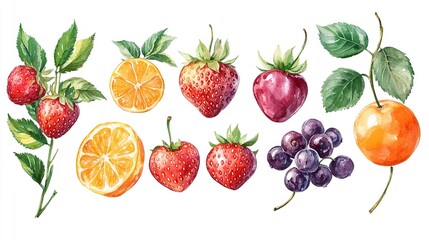 Set fresh berries healthy food fruit with green leaf, .isolated on white background