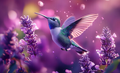 Naklejka premium beautiful hummingbird in flight, macro photograph, purple and green feathers