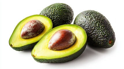 Two avocados are cut in half and placed on a white background