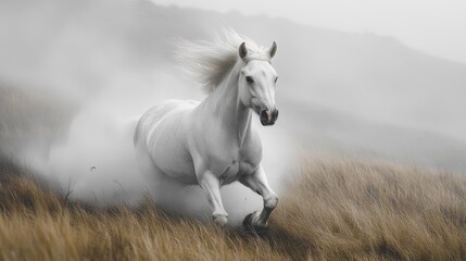Obraz premium A majestic white horse galloping through a misty field.