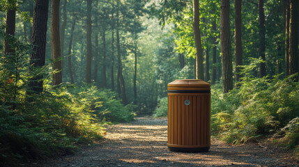 Eco friendly wooden trash bin in serene forest setting, surrounded by lush greenery and sunlight filtering through trees, promoting sustainability and nature conservation