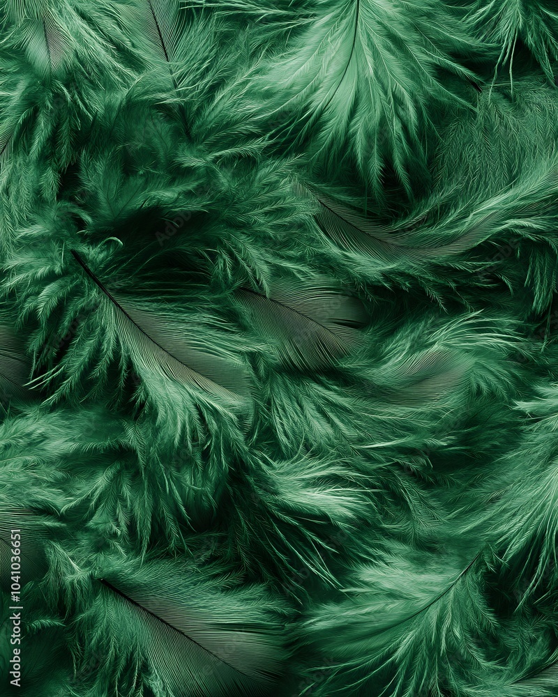Poster a close-up view of vibrant green feathers, creating a soft and textured background.