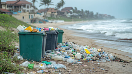 Overflowing trash bins filled with plastic waste near beach highlight environmental crisis. scene evokes concern for marine life and impact of pollution on natural beauty