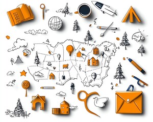 Creative illustration of United States map filled with travel-themed doodles and icons in black and orange on a white background.