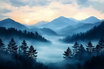 Fototapeta premium Serene Mountain Landscape at Dawn with Mist and Pink Sky